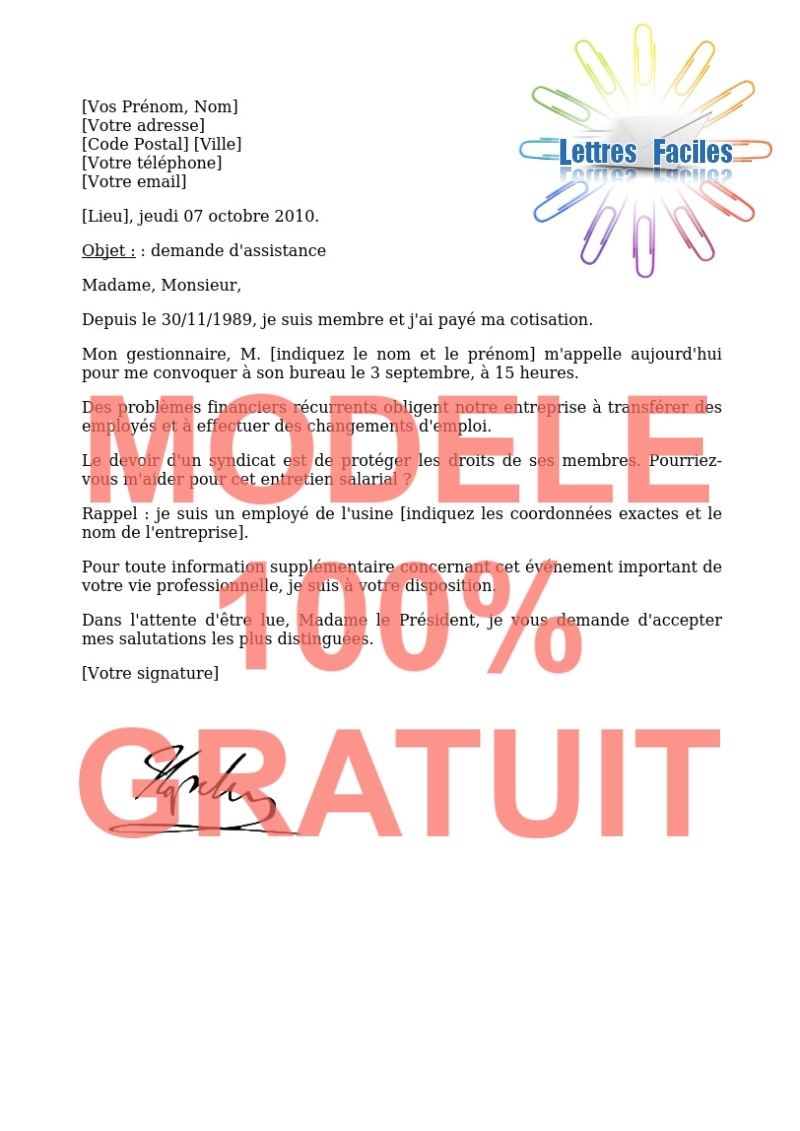 Salariés, Demande d'assistance à un syndicat | Litige avec un employeur - Modèle de lettre Gratuit !