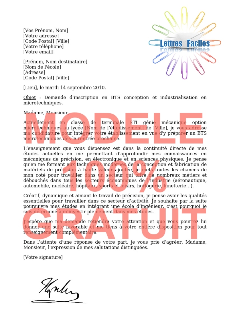 Lettre de motivation BTS conception et industrialisation en microtechniques - Modèle de lettre Gratuit !