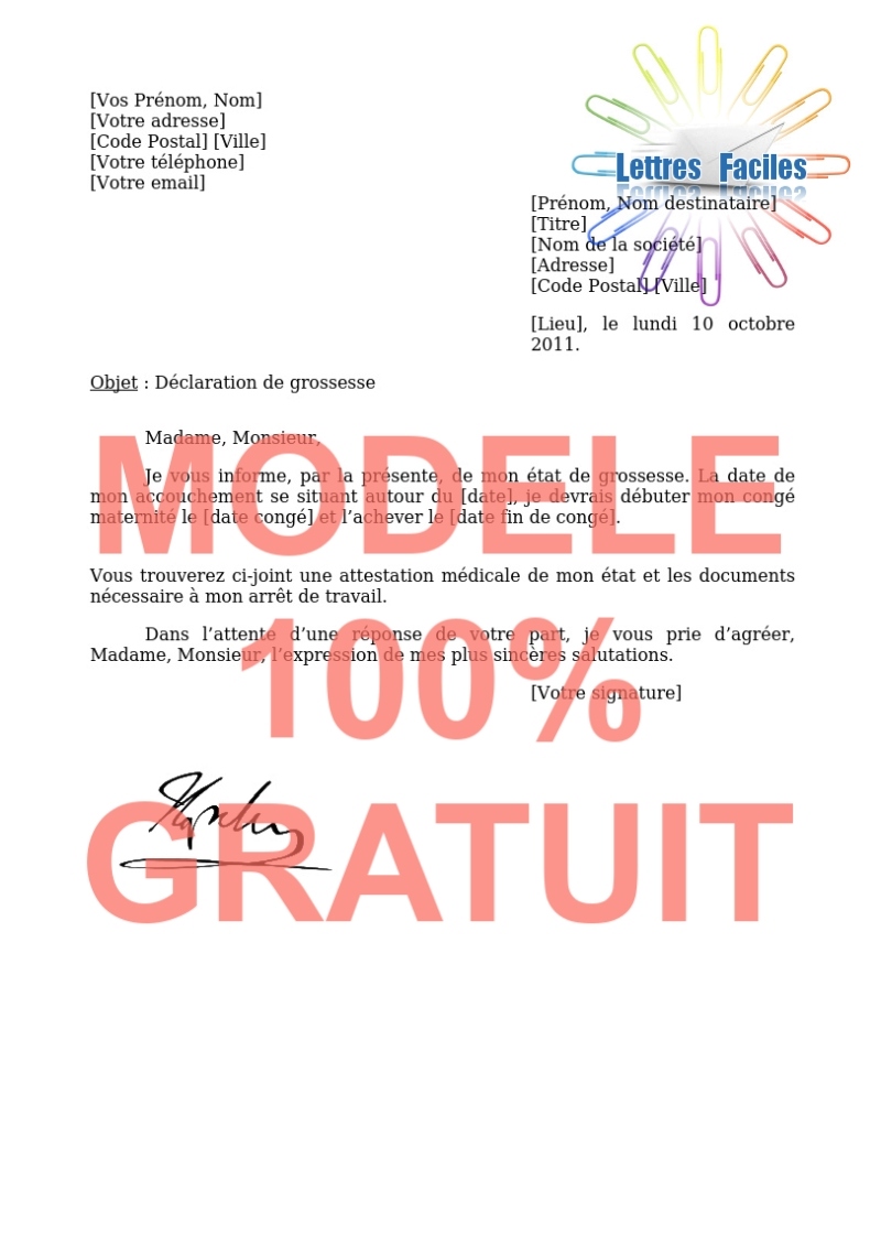 Déclaration de grossesse Modèle de Lettre Gratuit