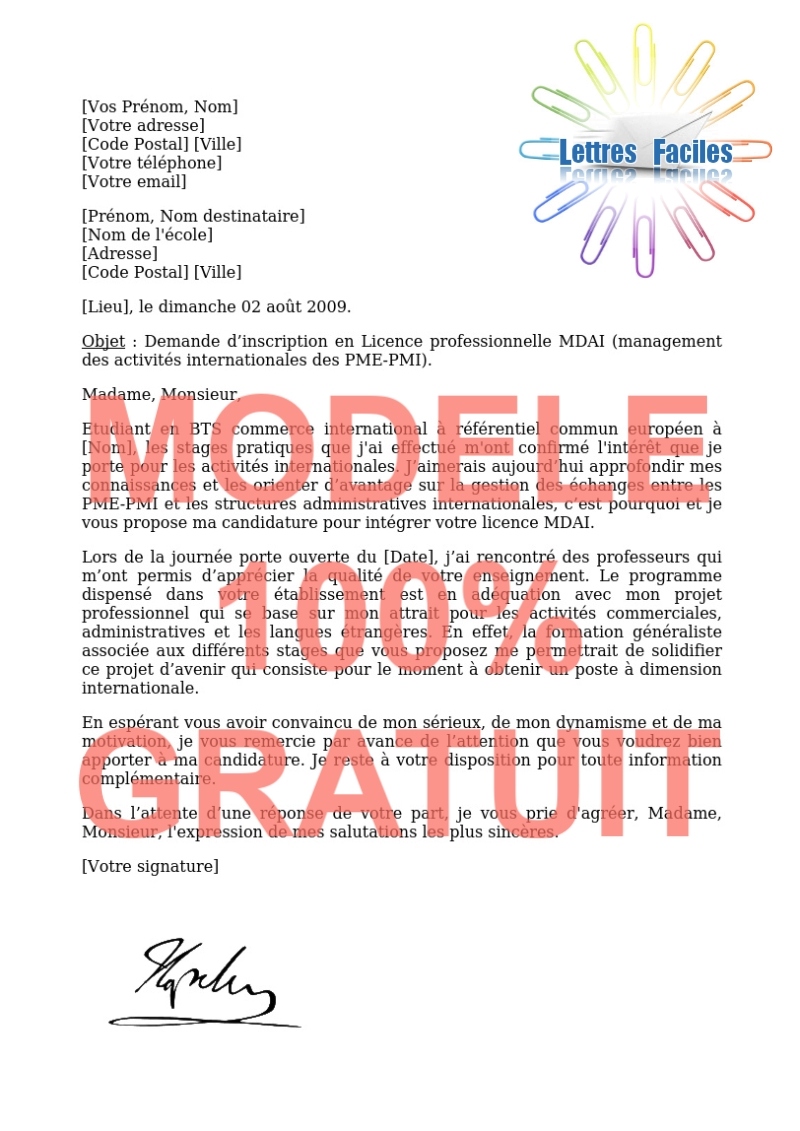 Lettre de motivation Licence pro management des activités internationales des PME-PMI  (MDAI) - Modèle de lettre Gratuit !