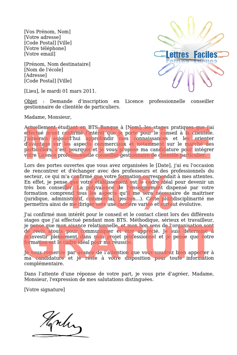 Lettre de motivation Licence pro conseiller gestionnaire de clientèle de particuliers - Modèle de lettre Gratuit !