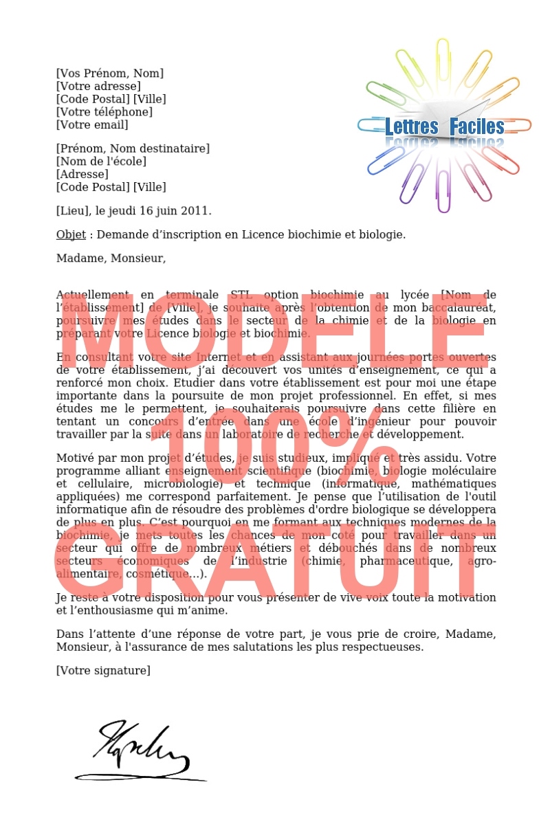 Lettre de motivation Licence biologie et biochimie - Modèle de lettre Gratuit !