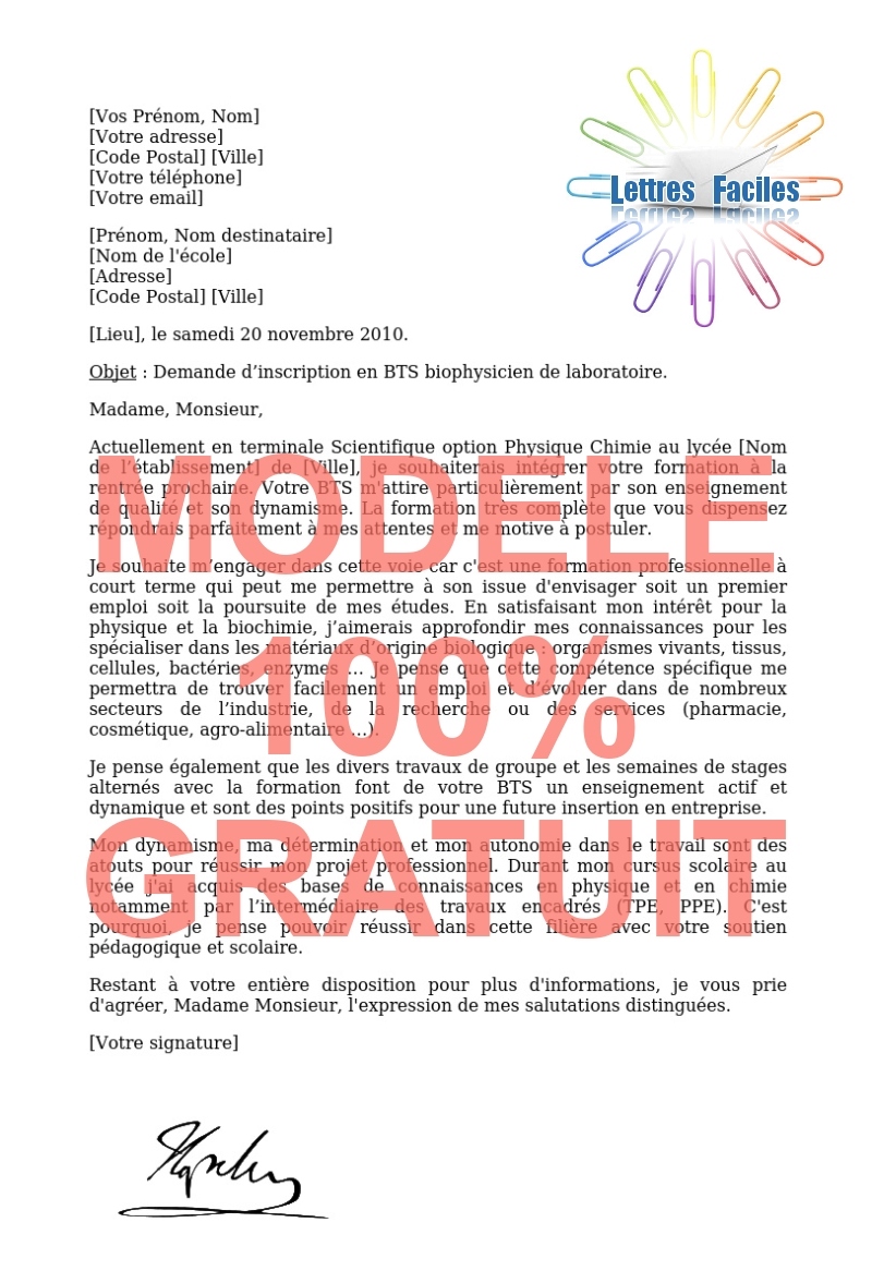 Lettre de motivation BTS biophysicien de laboratoire - Modèle de lettre Gratuit !