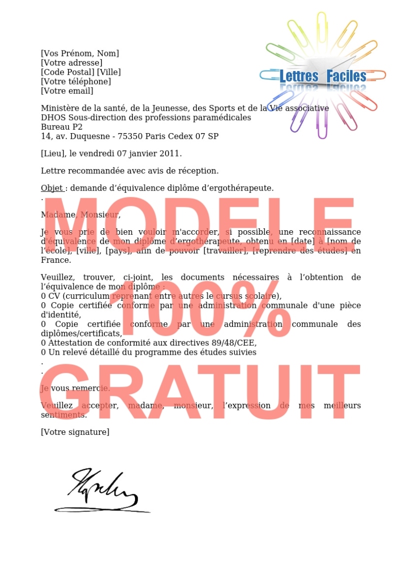 Lettre demande d'équivalence diplôme ergothérapeute  (france) - Modèle de lettre Gratuit !