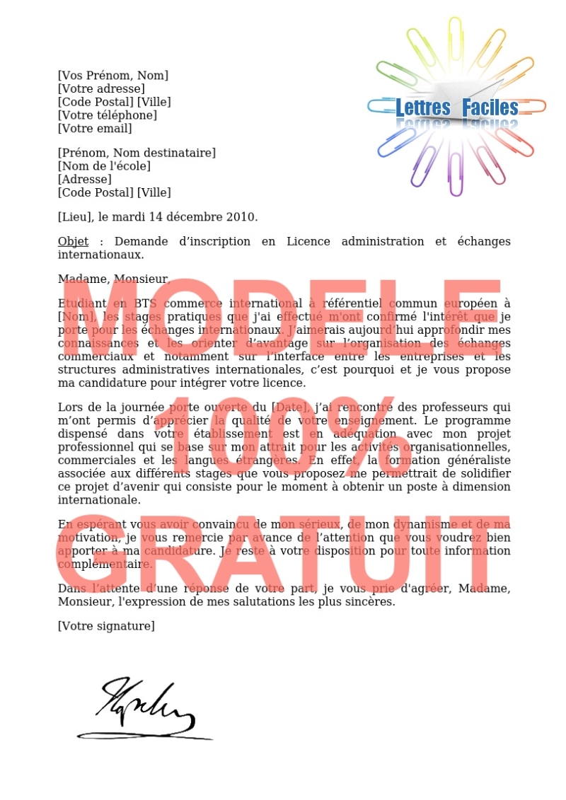 Lettre de motivation Licence administration et échanges internationaux - Modèle de lettre Gratuit !
