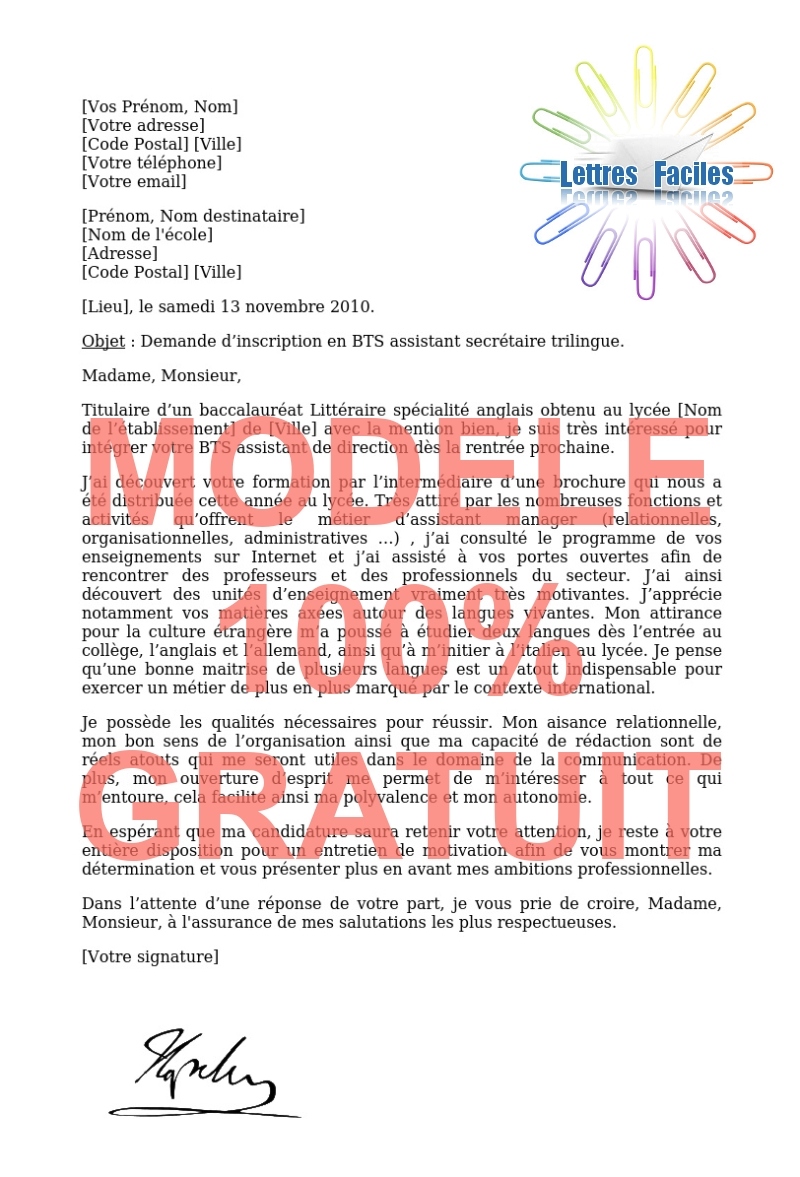 Lettre de motivation BTS assistant secrétaire trilingue - Modèle de lettre Gratuit !