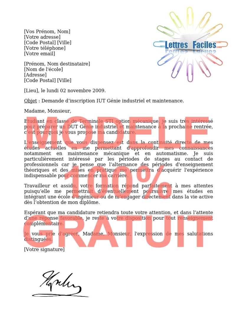 Lettre de motivation DUT Génie industriel et maintenance - Modèle de lettre Gratuit !