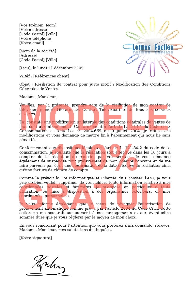 Résiliation abonnement Télévision  (modification du contrat - CGV) - Modèle de lettre Gratuit !