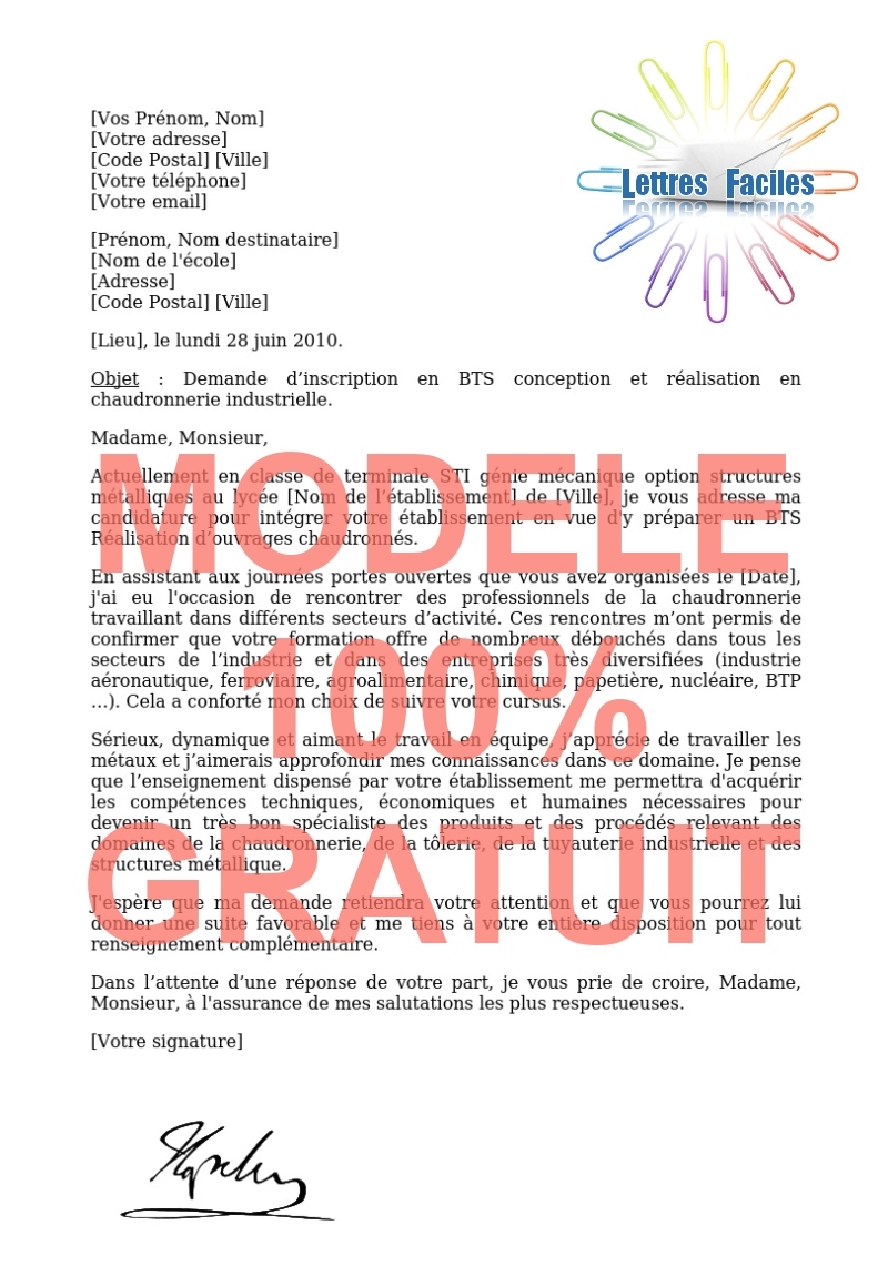 Lettre de motivation BTS conception et réalisation en chaudronnerie industrielle - Modèle de lettre Gratuit !