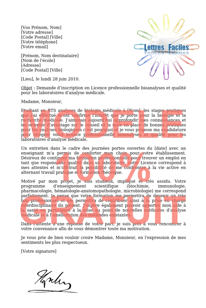 Lettre de motivation Licence pro bioanalyses et qualité pour les laboratoires d'analyse médicale - Modèle de lettre Gratuit !