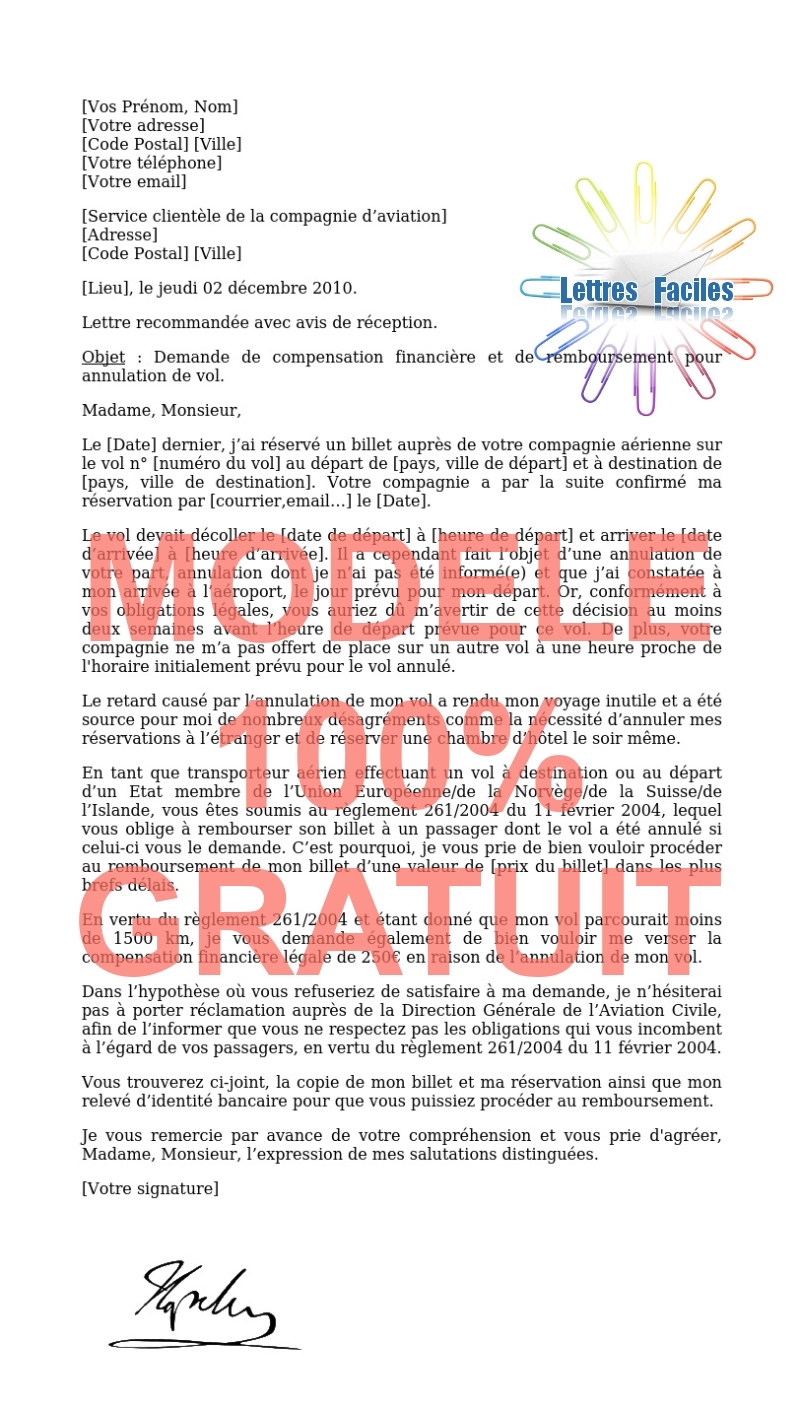 Vol annulé : Lettre de demande d’indemnisation financière - Modèle de lettre Gratuit !