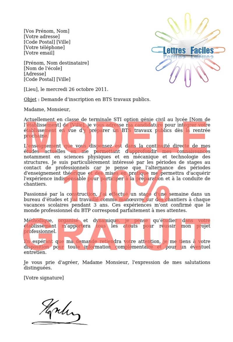 Lettre de motivation BTS travaux publics - Modèle de lettre Gratuit !