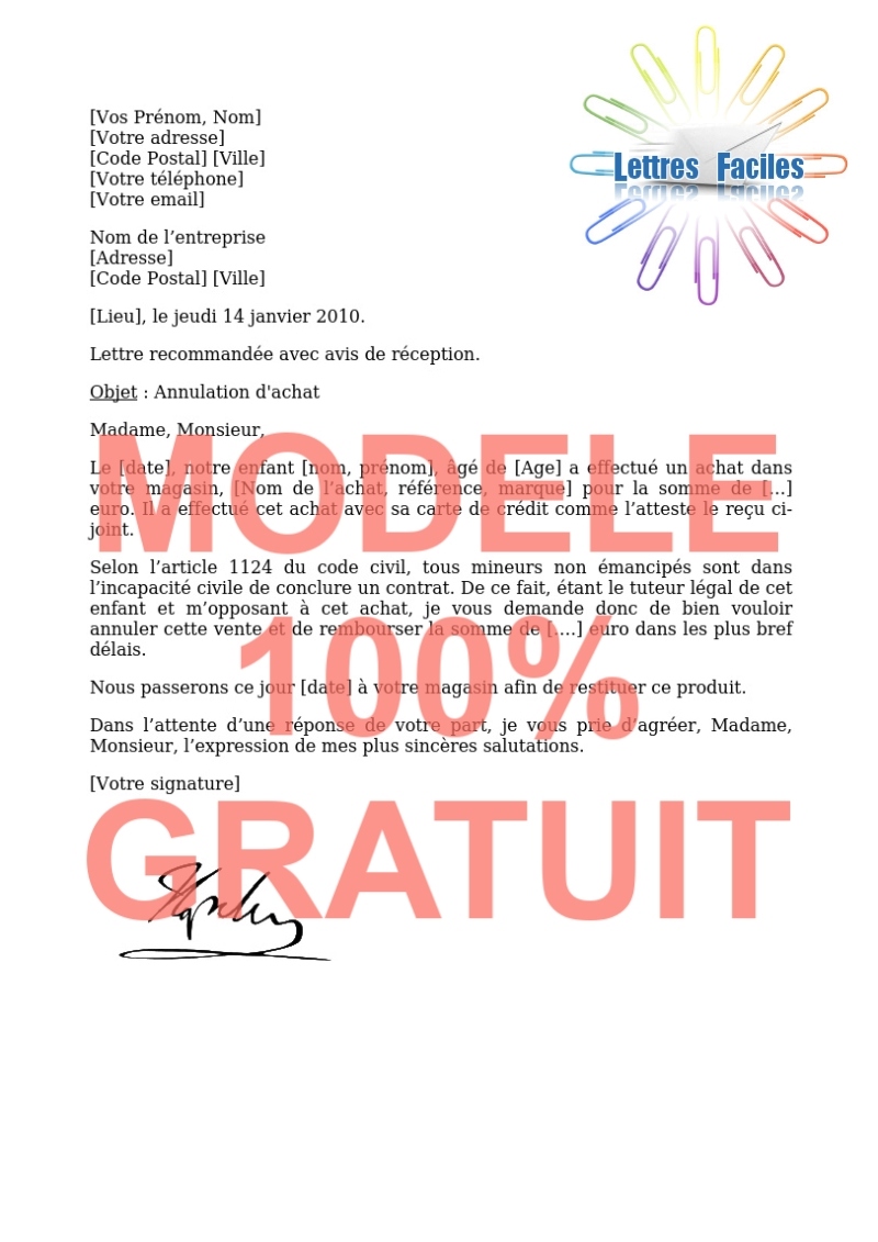 Annulation d'achat  (effectué par un mineur) - Modèle de lettre Gratuit !