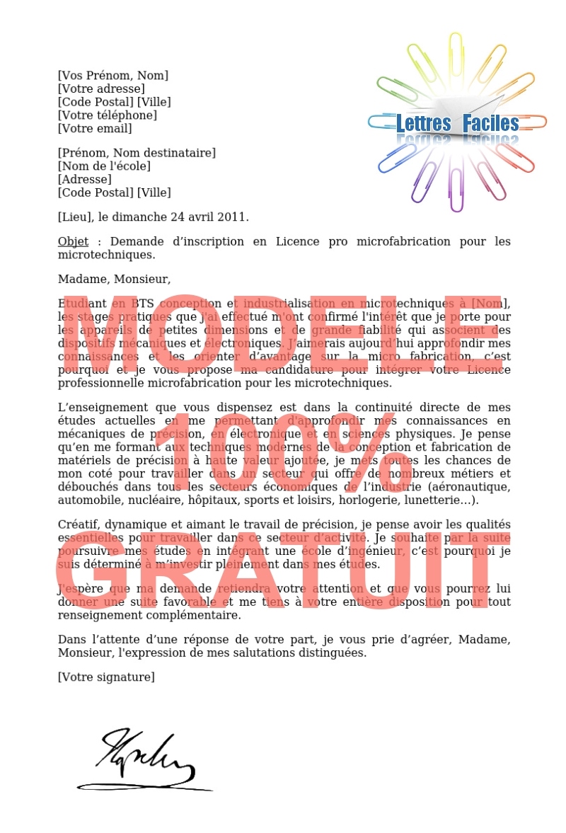 Lettre de motivation Licence pro microfabrication pour les microtechniques - Modèle de lettre Gratuit !