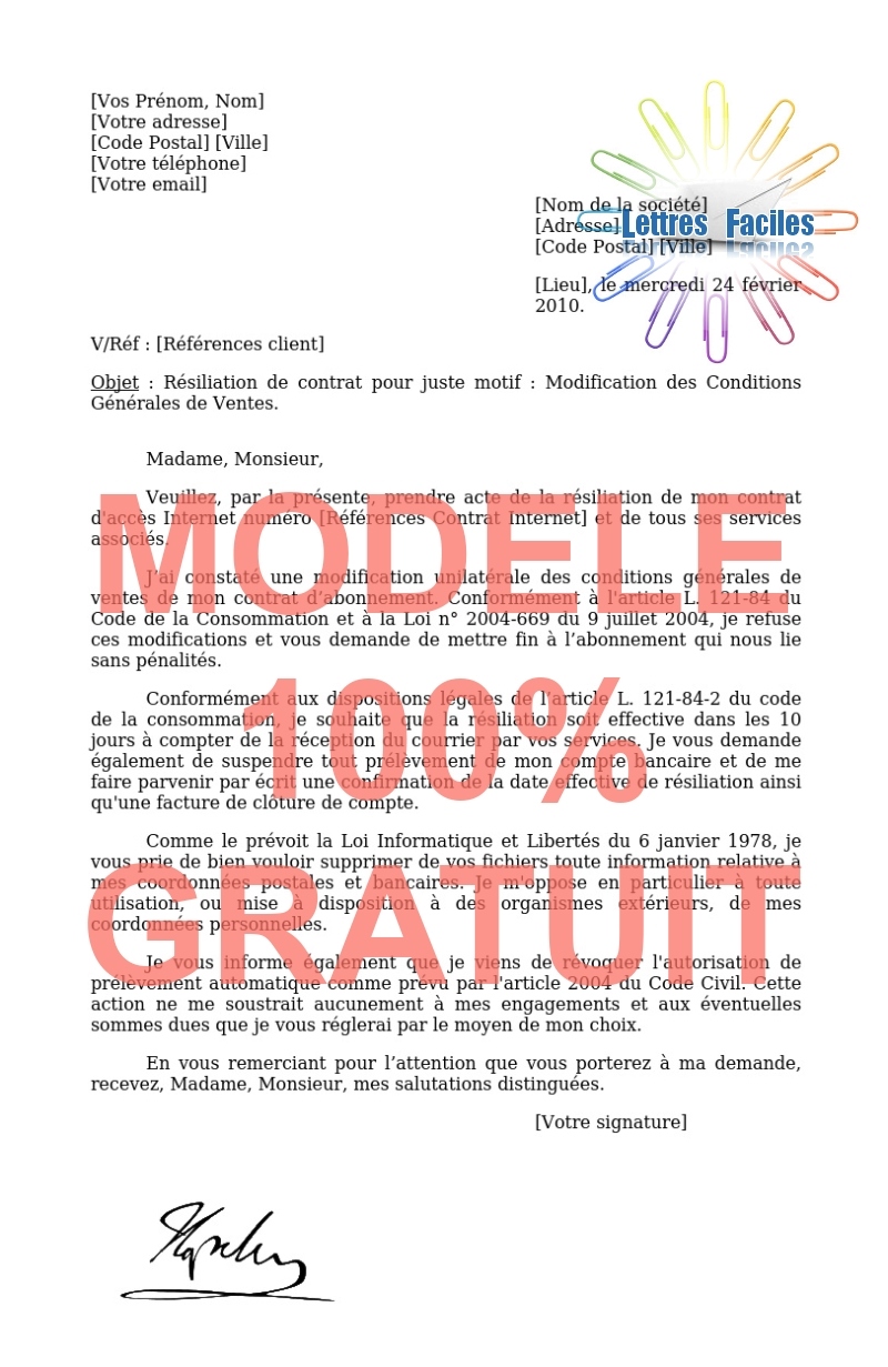 Résiliation abonnement Internet  (modification du contrat - CGV) - Modèle de lettre Gratuit !