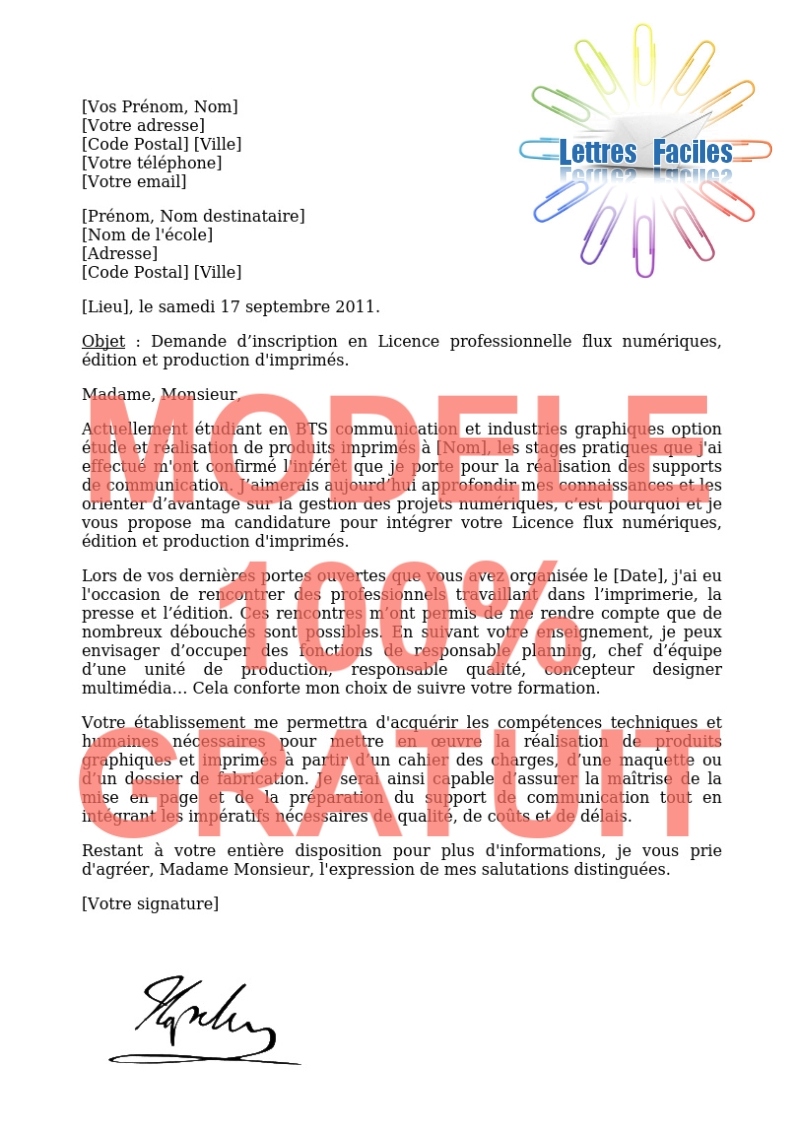 Lettre de motivation Licence pro flux numériques, édition et production d'imprimés - Modèle de lettre Gratuit !