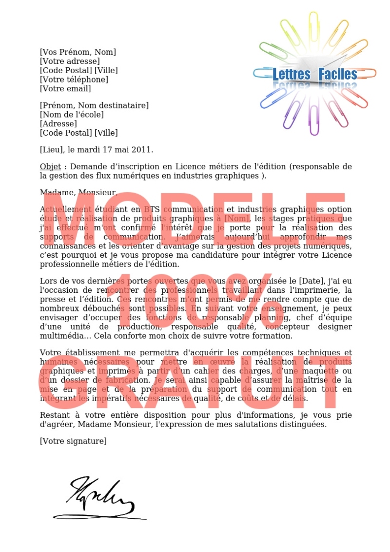 Lettre de motivation Licence pro métiers de l'édition  (responsable de la gestion des flux numériques en industries graphiques) - Modèle de lettre Gratuit !