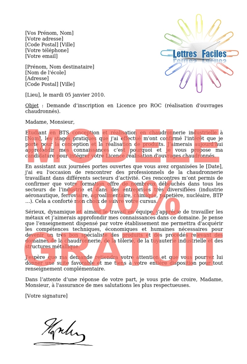 Lettre de motivation Licence pro réalisation d'ouvrages chaudronnés  (ROC) - Modèle de lettre Gratuit !