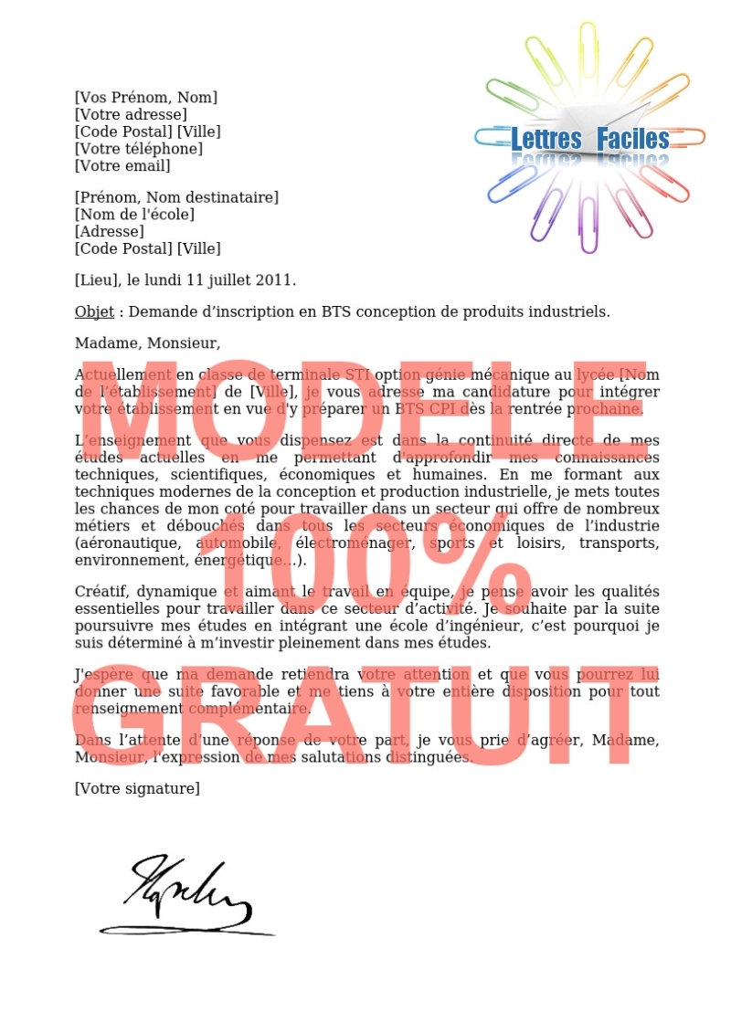 Lettre de motivation BTS conception de produits industriels - Modèle de lettre Gratuit !