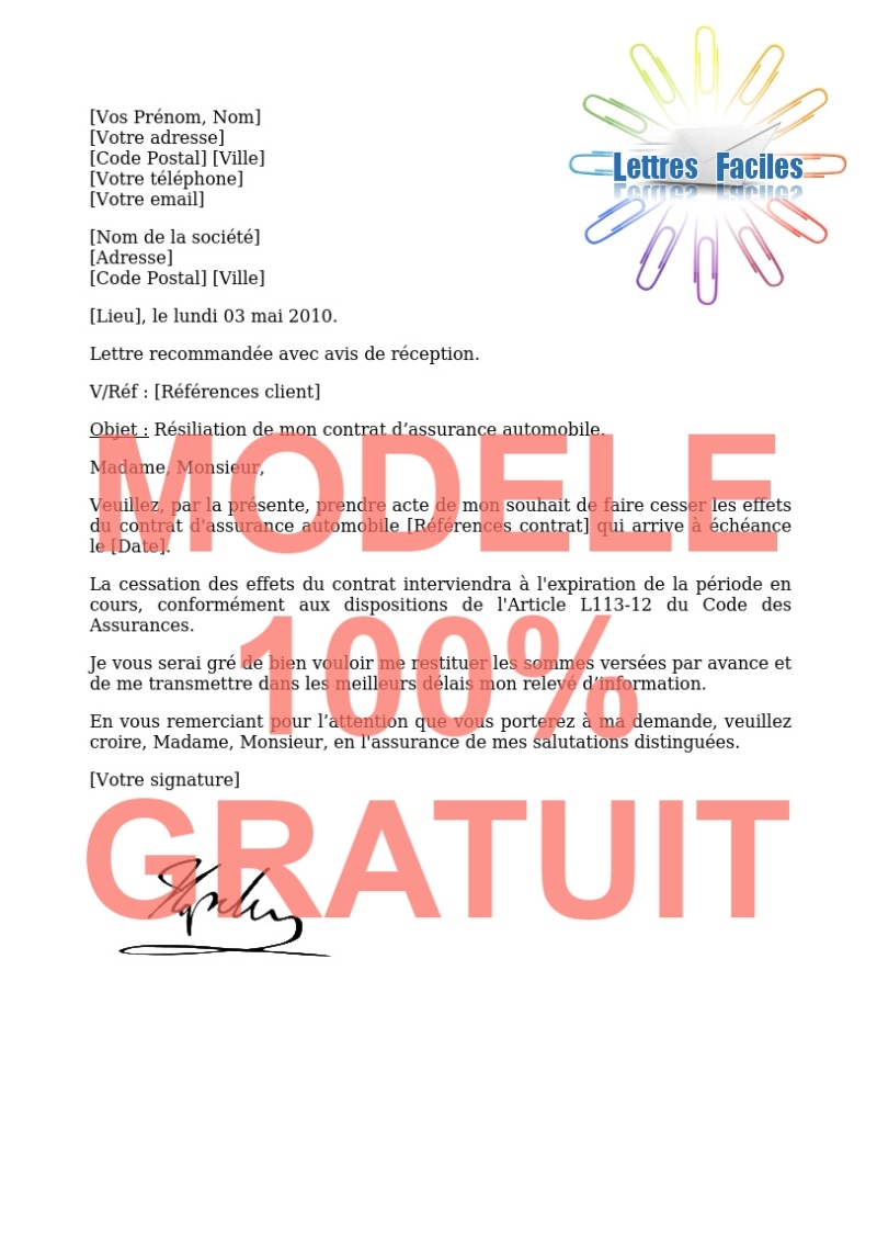 Résiliation contrat Assurance automobile - moto  (Echéance annuelle) - Modèle de lettre Gratuit !