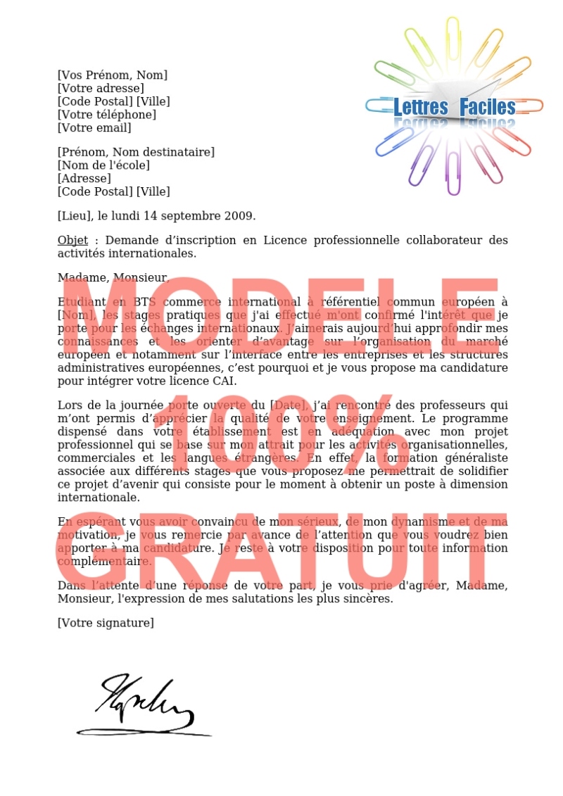 Lettre de motivation Licence pro collaborateur des activités internationales  (CAI) - Modèle de lettre Gratuit !