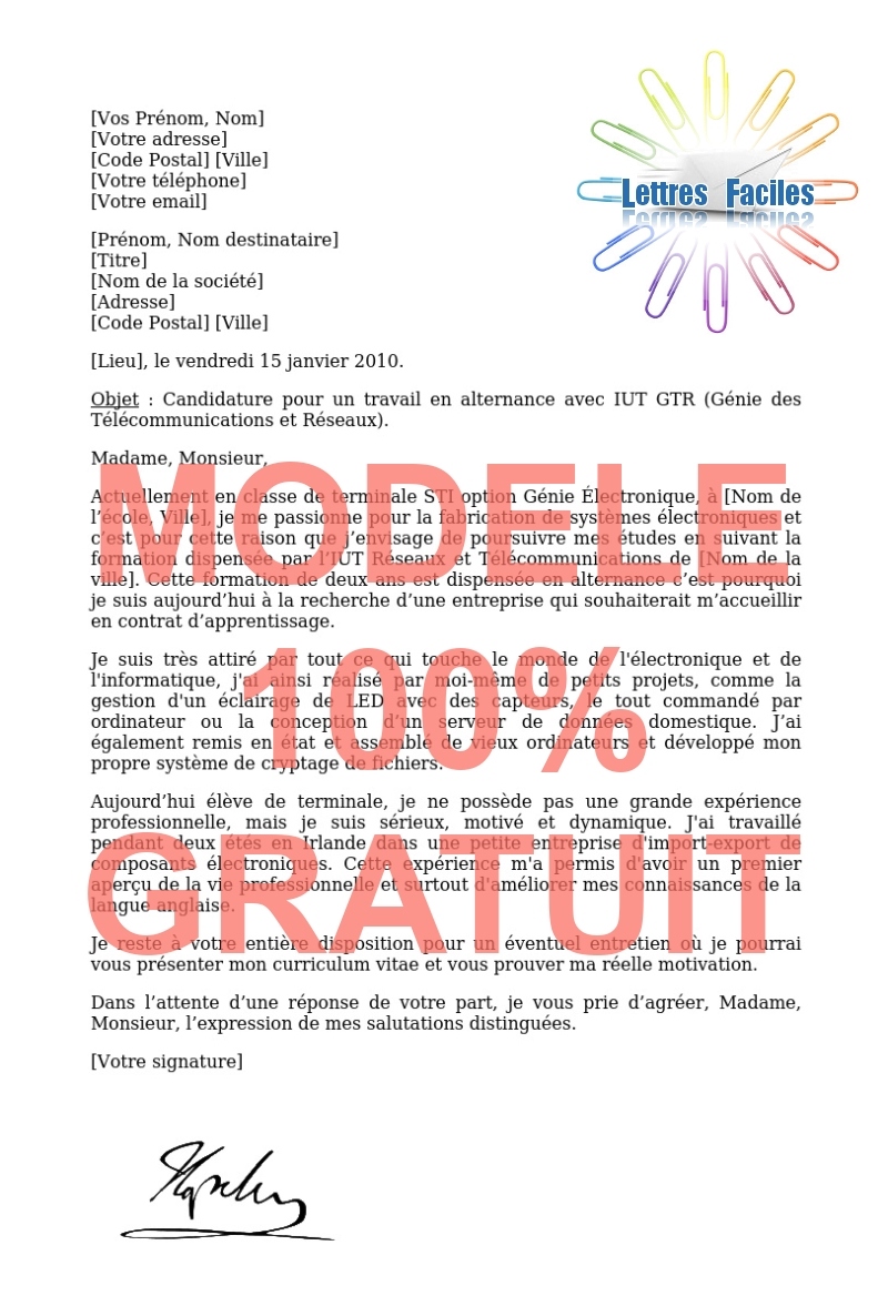 Lettre de motivation DUT Réseaux et Télécommunications  (Recherche entreprise en alternance) - Modèle de lettre Gratuit !