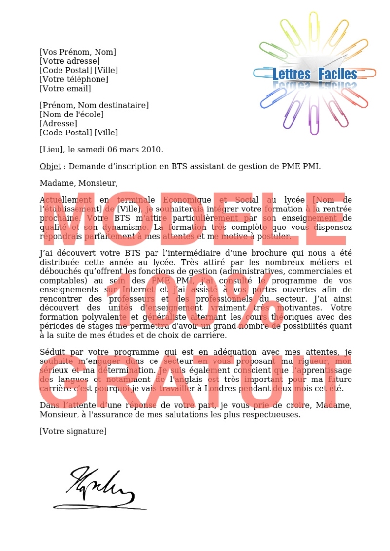 Lettre de motivation BTS assistant de gestion de PME PMI  (à référentiel commun européen) - Modèle de lettre Gratuit !