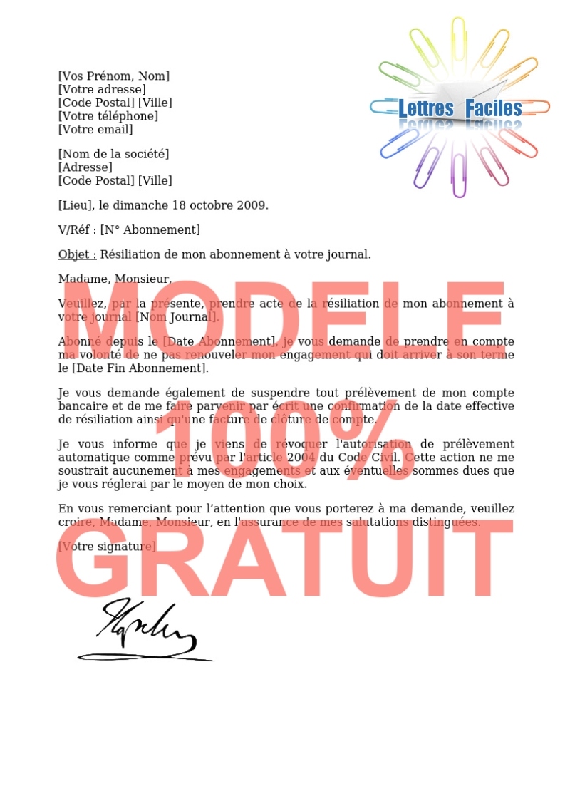 Résiliation abonnement Journal, Magasine - Modèle de lettre Gratuit !