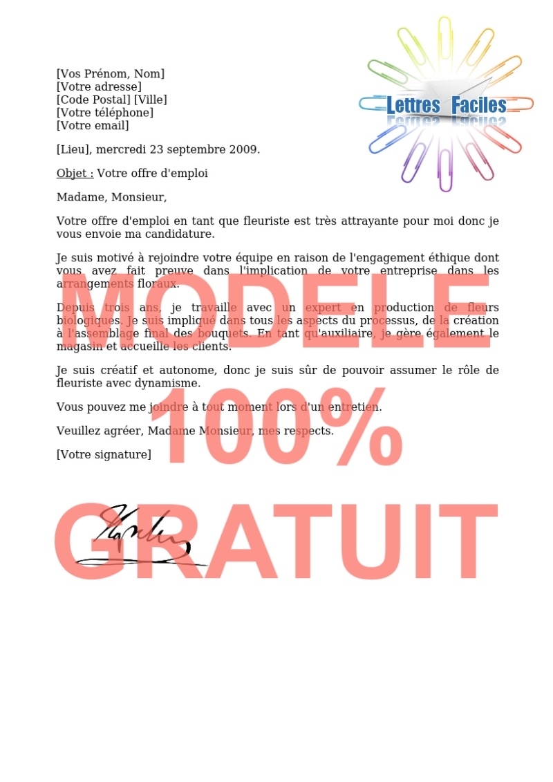 Modèle de Lettre de motivation Fleuriste (2) - Modèle de lettre Gratuit !
