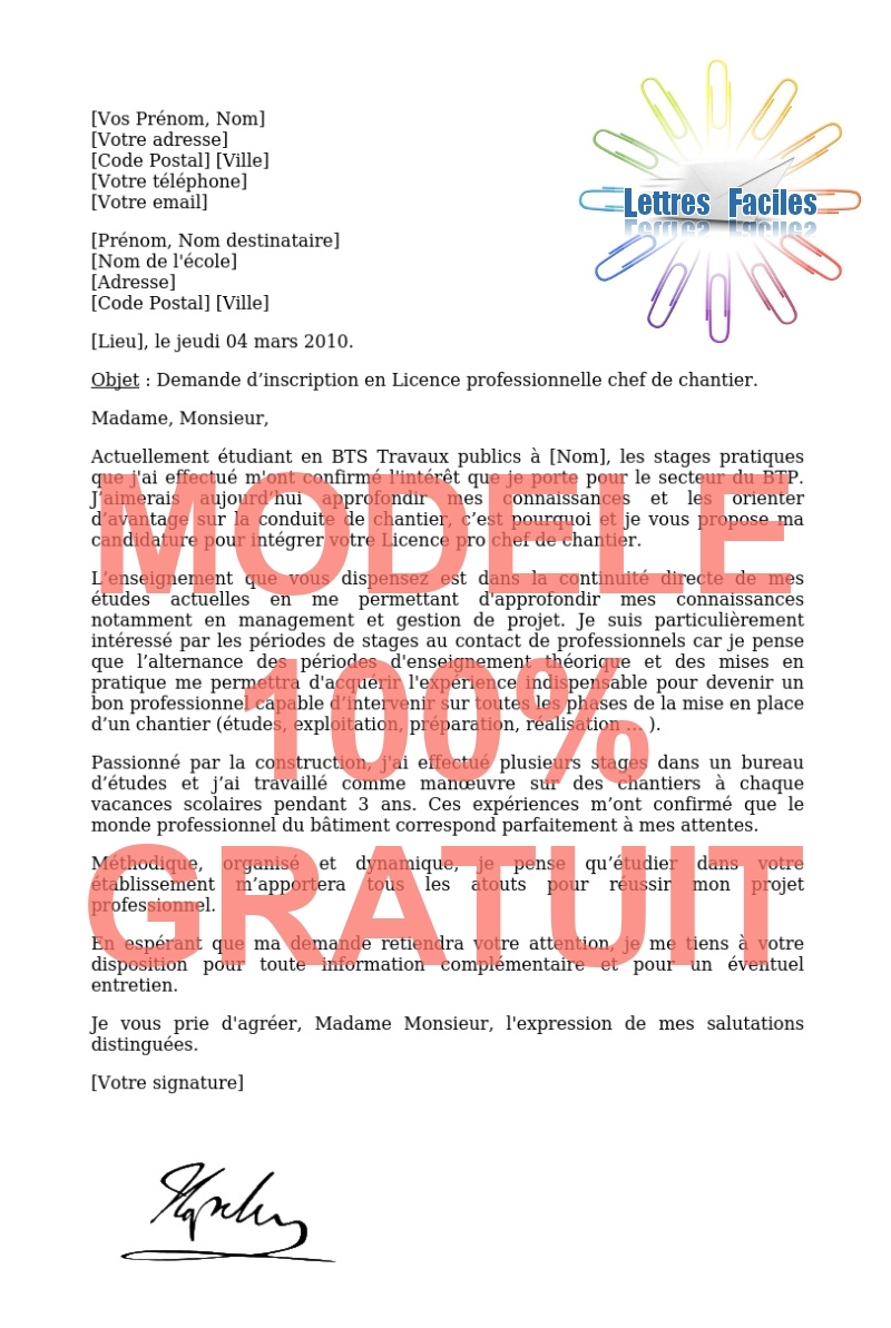 Lettre de motivation Licence pro chef de chantier - Modèle de lettre Gratuit !