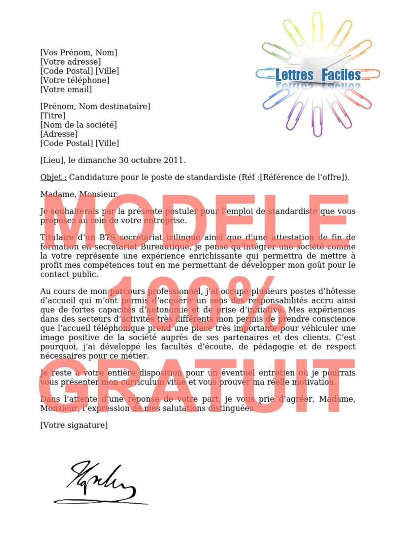Lettre de motivation standardiste, réceptionniste - Modèle de lettre Gratuit !
