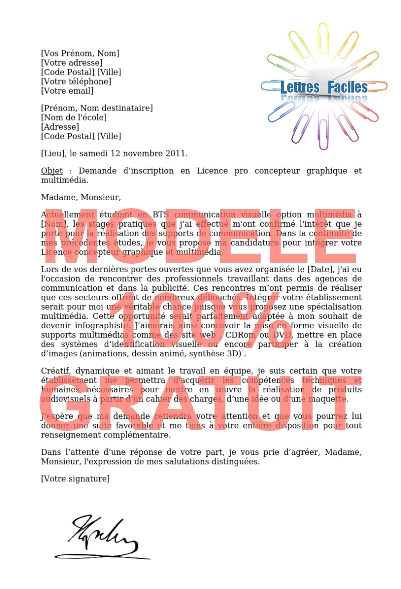 Lettre de motivation Licence pro concepteur graphique et multimédia - Modèle de lettre Gratuit !