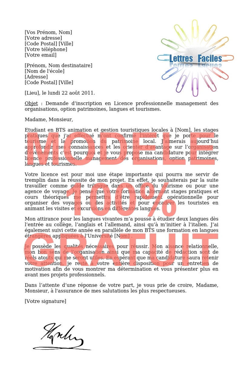 Lettre de motivation Licence pro management des organisations  (option patrimoines, langues et tourismes) - Modèle de lettre Gratuit !