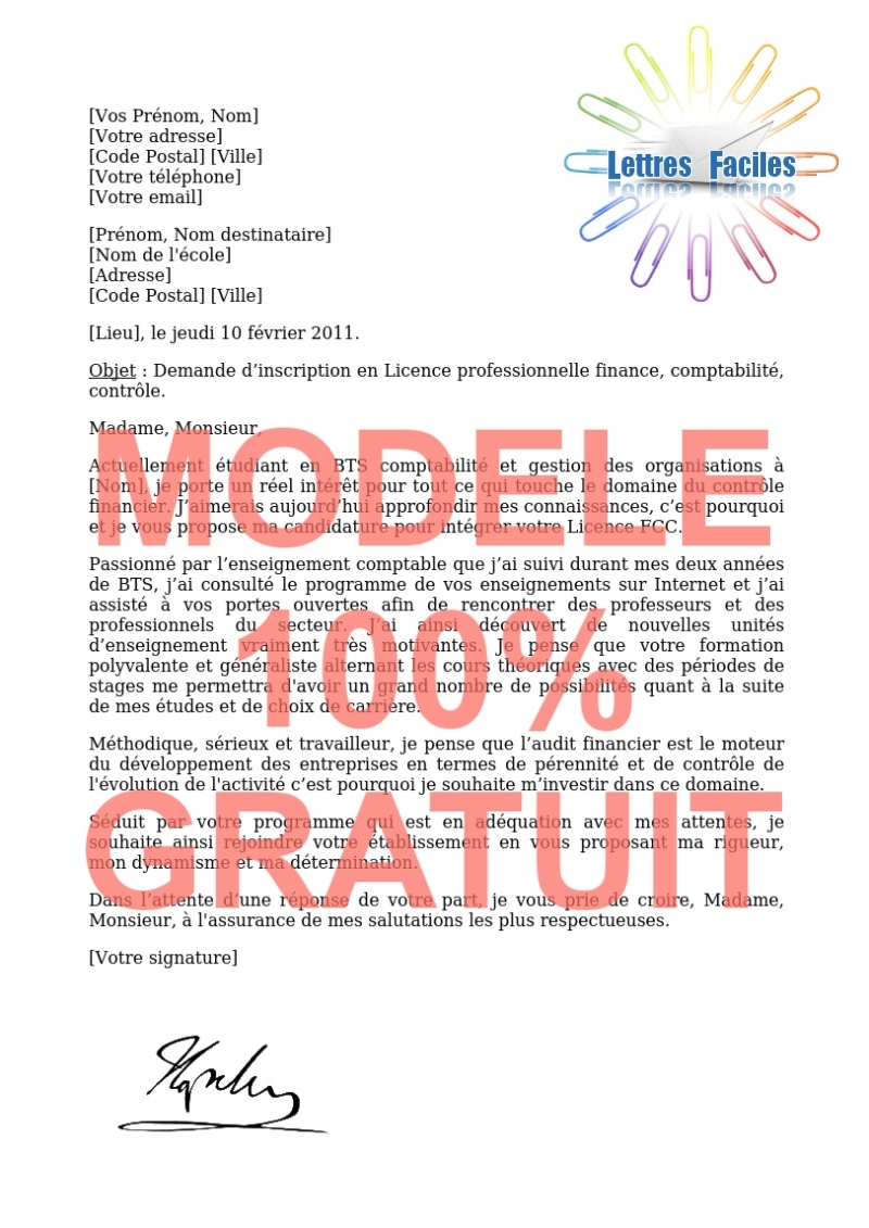 Lettre de motivation Licence pro finance, comptabilité, contrôle  (FCC) - Modèle de lettre Gratuit !