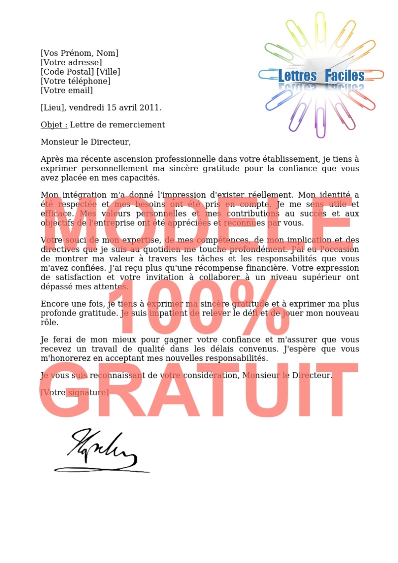 Salariés, Exemple de Lettre de remerciement à son directeur pour une promotion - Modèle de lettre Gratuit !