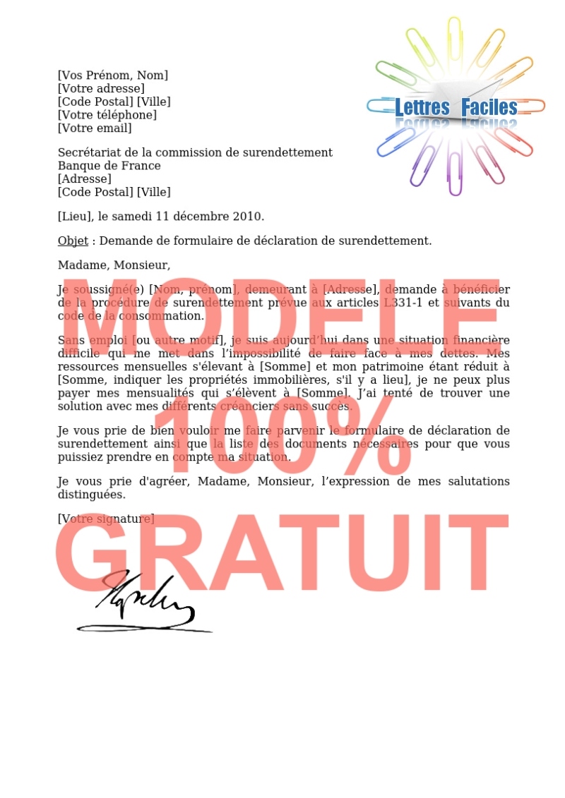 Demande à la Banque de France  (Formulaire de déclaration de surendettement) - Modèle de lettre Gratuit !
