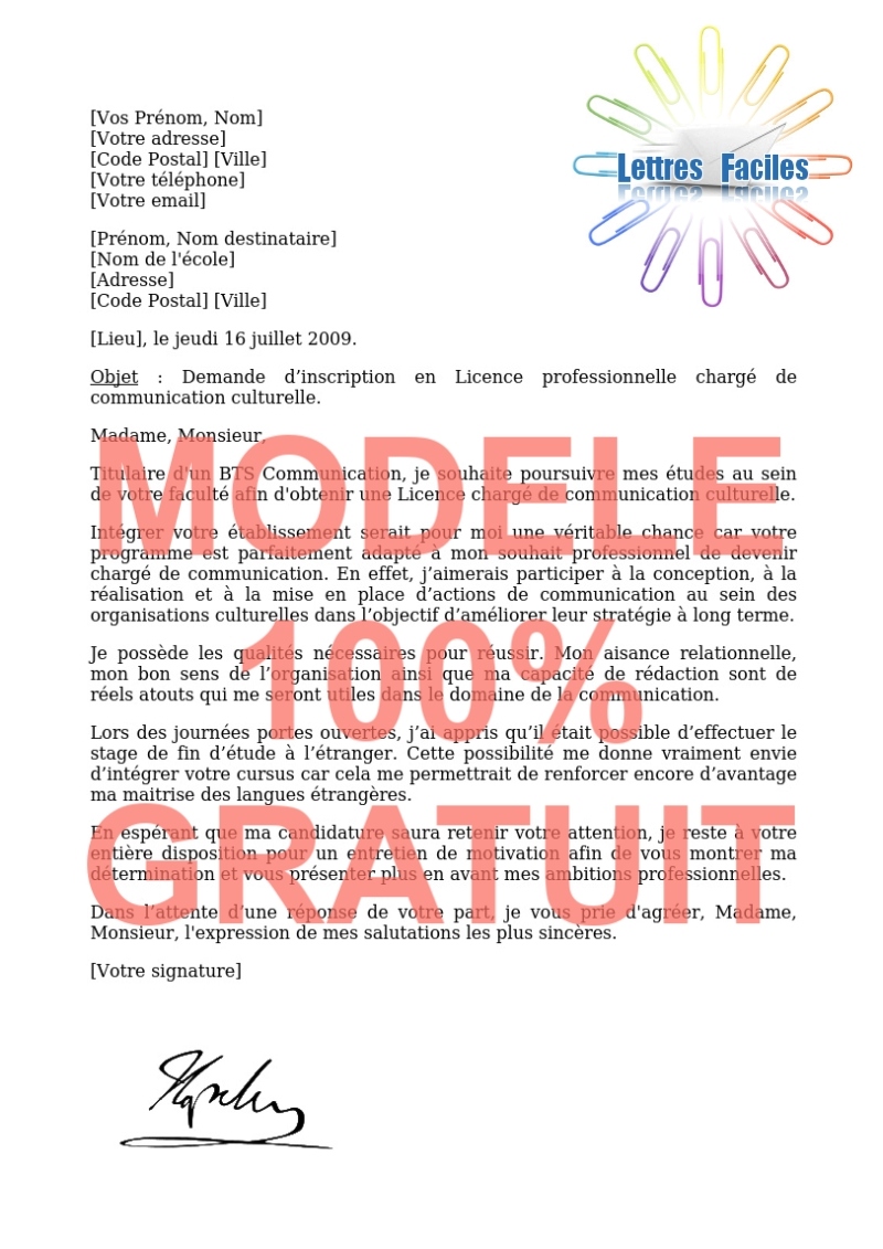Lettre de motivation Licence pro chargé de communication culturelle - Modèle de lettre Gratuit !