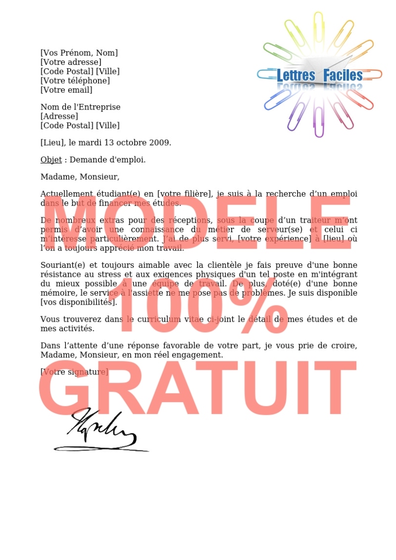 Lettre de motivation restauration serveur serveuse  (candidature spontanée) - Modèle de lettre Gratuit !