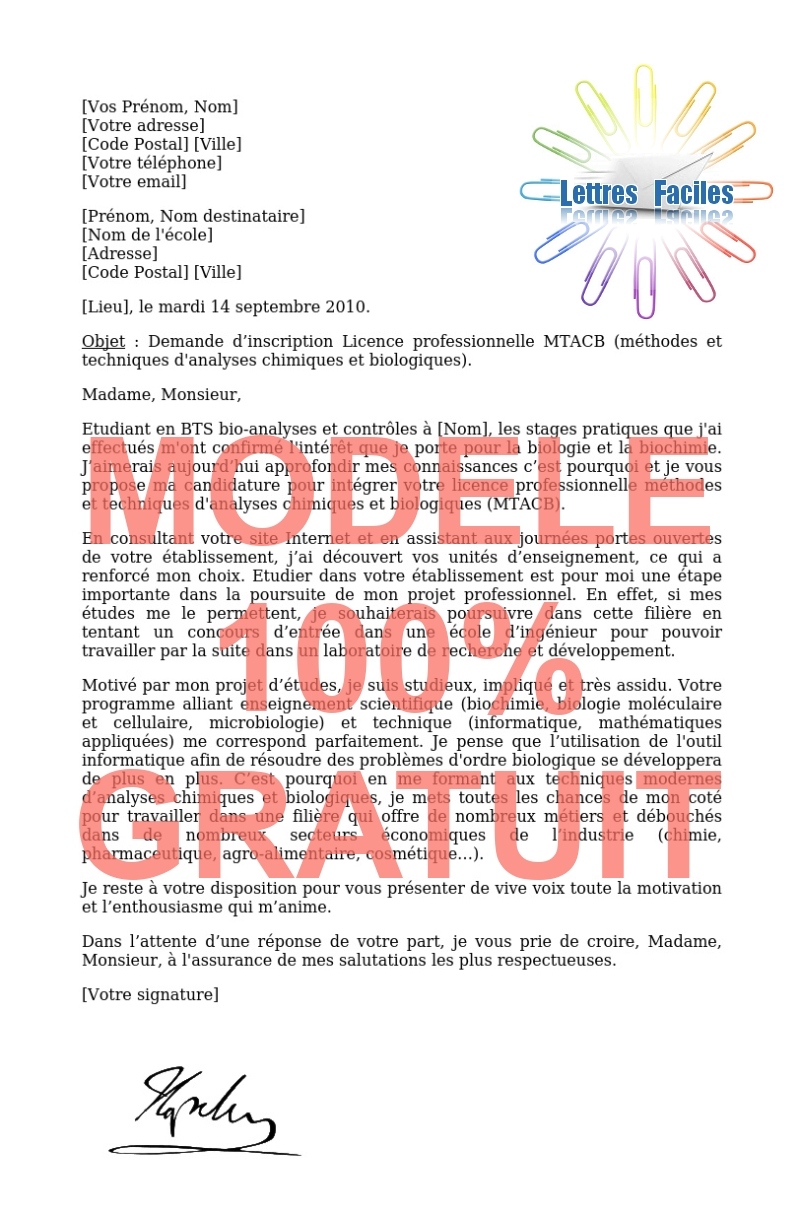Lettre de motivation Licence pro méthodes et techniques d'analyses chimiques et biologiques  (MTACB) - Modèle de lettre Gratuit !