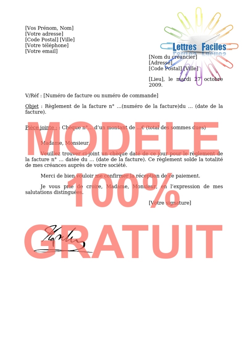 Exemple de lettre pour paiement (par chèque) Modèle de Lettre Gratuit