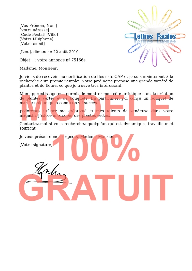 Modèle de Lettre de motivation Fleuriste - Modèle de lettre Gratuit !