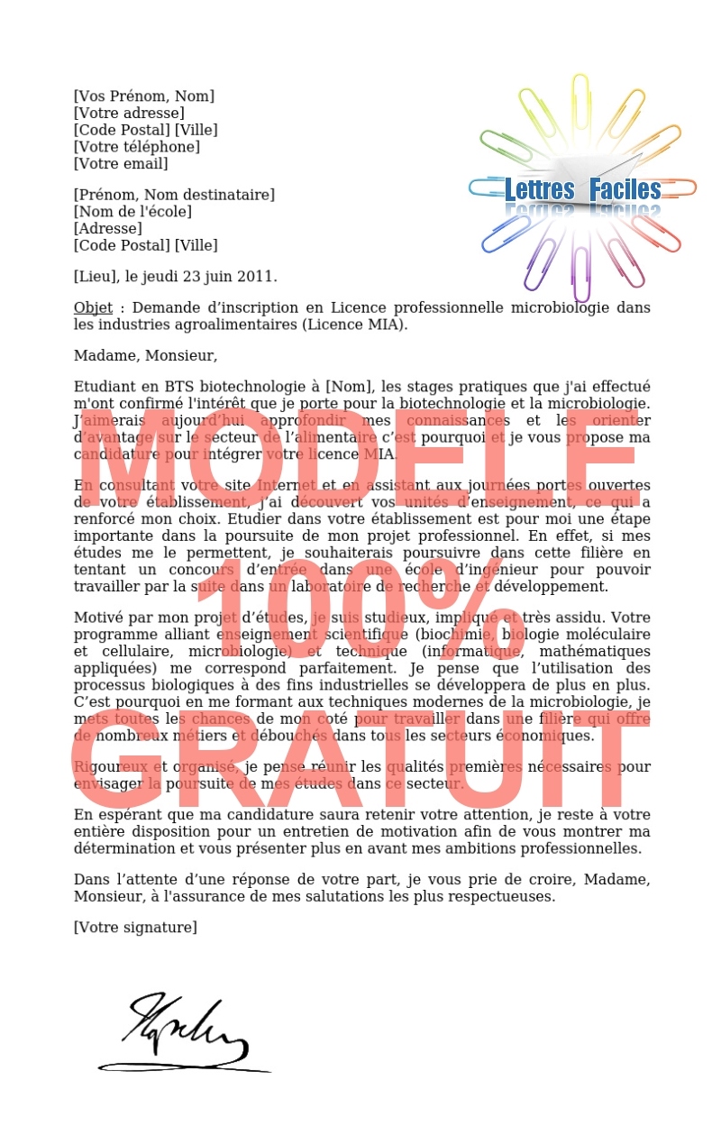 Lettre de motivation Licence pro microbiologie dans les industries agroalimentaires  (MIA) - Modèle de lettre Gratuit !
