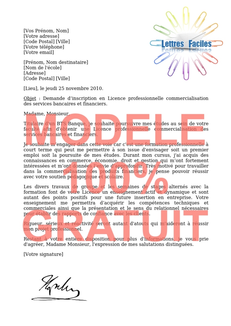 Lettre de motivation Licence pro commercialisation des services bancaires et financiers - Modèle de lettre Gratuit !