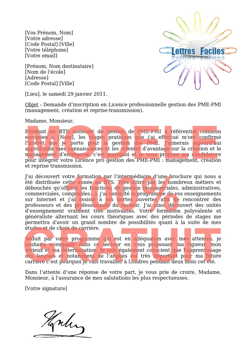 Lettre de motivation Licence pro gestion des PME-PMI  (management, création et reprise-transmission) - Modèle de lettre Gratuit !