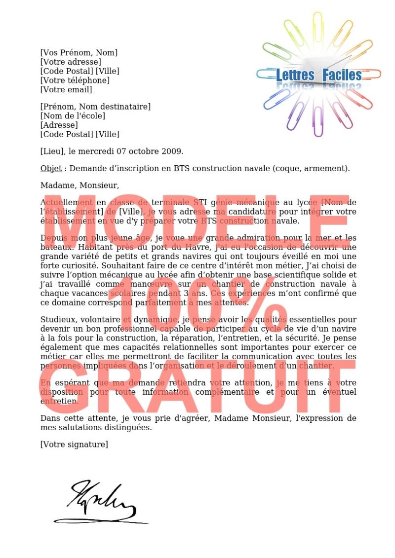 Lettre de motivation BTS construction navale - Modèle de lettre Gratuit !