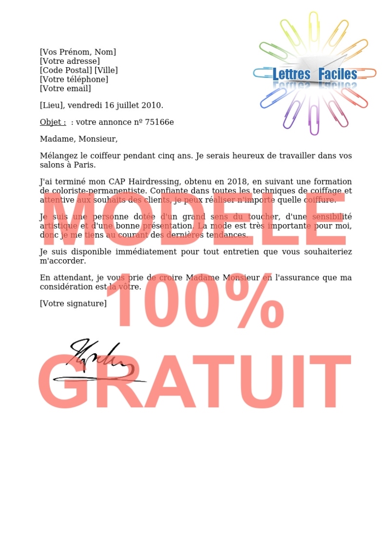 Modèle de Lettre de motivation Coiffeur - Modèle de lettre Gratuit !