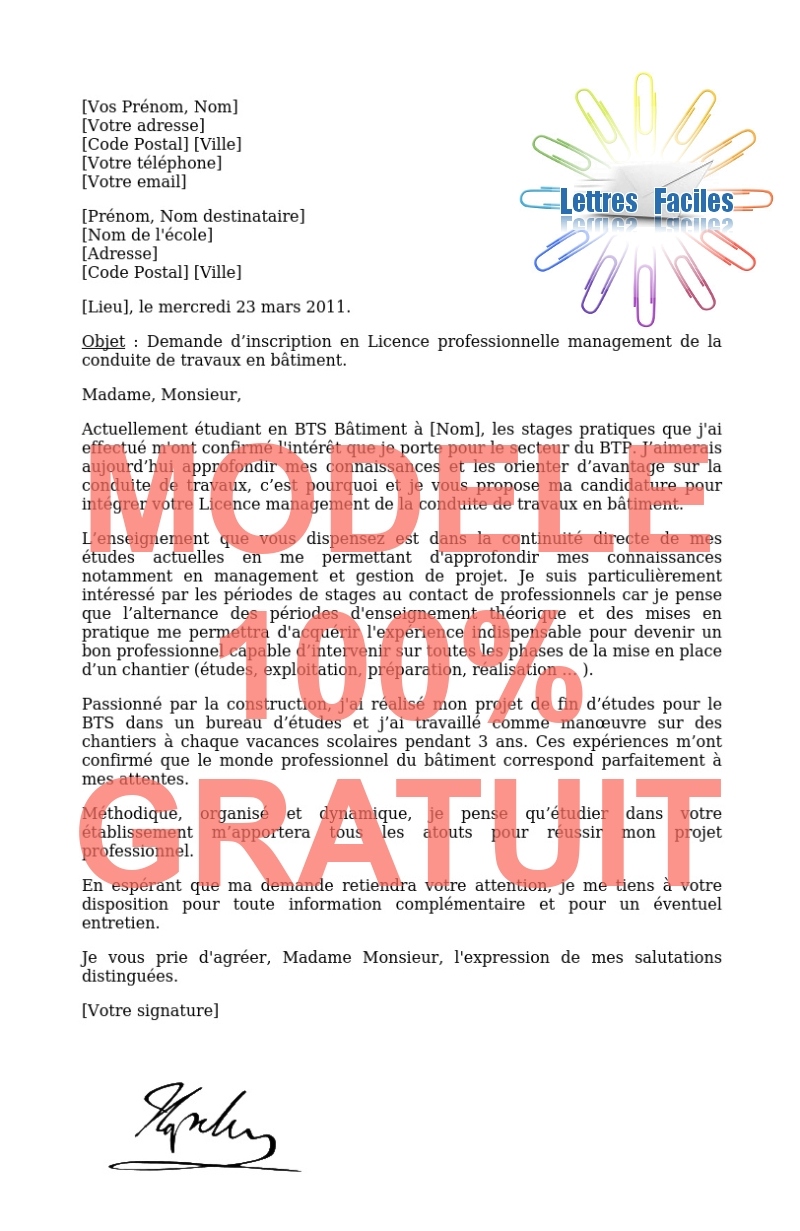 Lettre de motivation Licence pro management de la conduite de travaux en bâtiment - Modèle de lettre Gratuit !