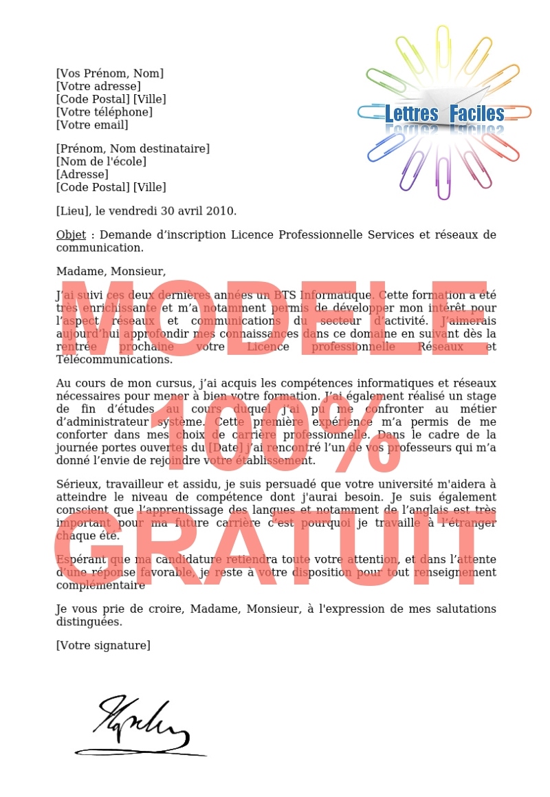 Lettre de motivation Licence, Master Réseaux et Télécommunications - Modèle de lettre Gratuit !