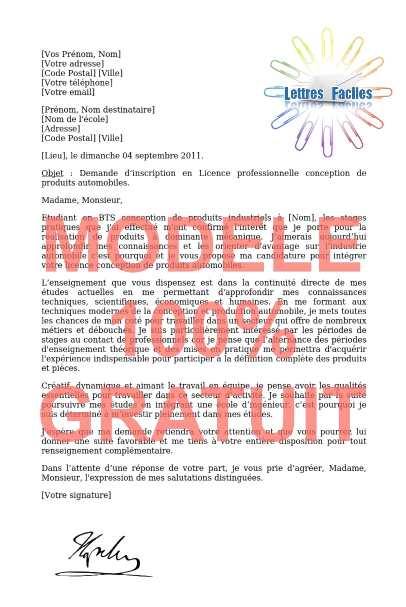 Lettre de motivation Licence pro conception de produits automobiles - Modèle de lettre Gratuit !
