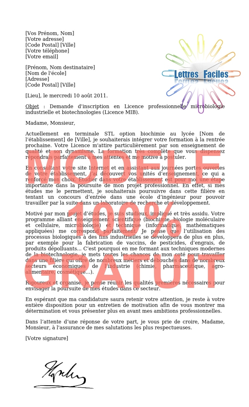 Lettre de motivation Licence pro microbiologie industrielle et biotechnologies  (MIB) - Modèle de lettre Gratuit !